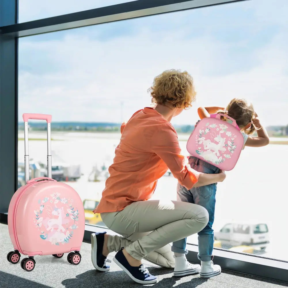 Kids Luggage Set with 14 Inches Carry - on Hardside Spinner Toddler Luggage and 10 Inches Backpack - Pink - Oasis Home Essentials