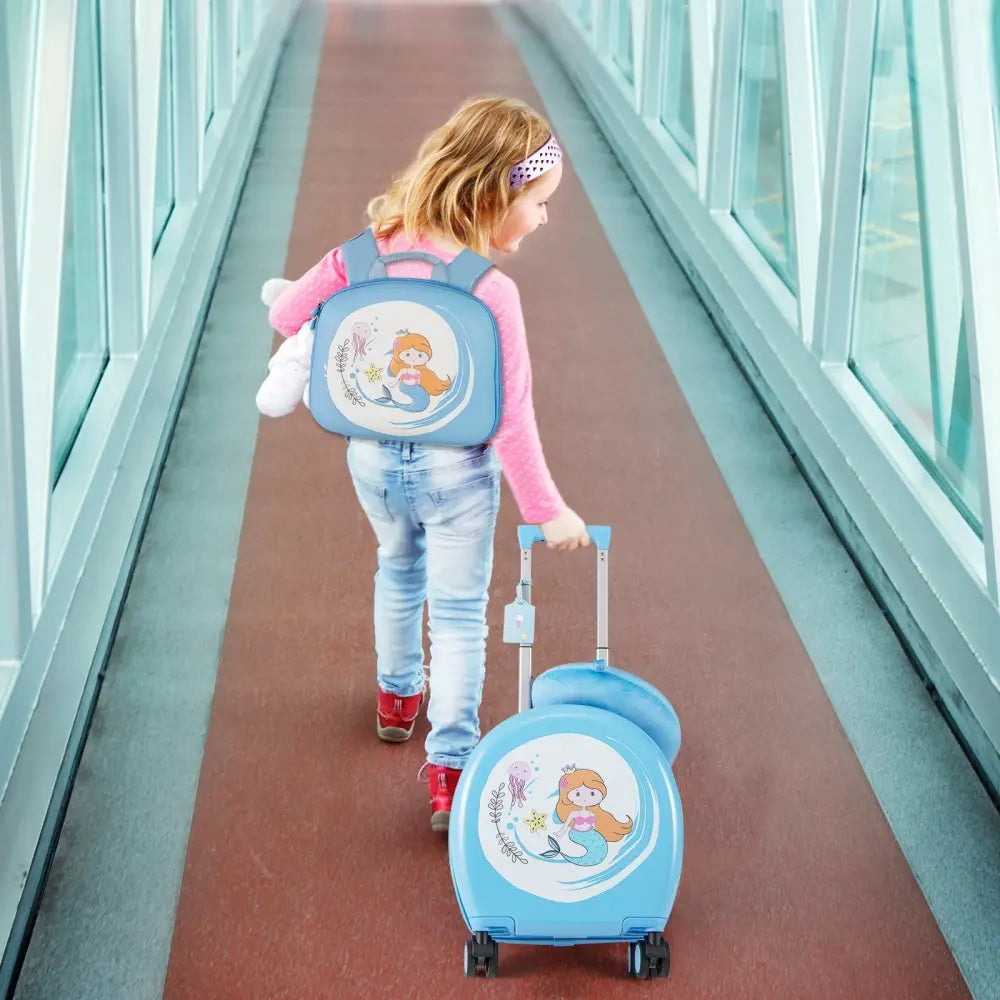 Kids Luggage Set with 14 Inches Carry - on Hardside Spinner Toddler Luggage and 10 Inches Backpack - Blue - Oasis Home Essentials