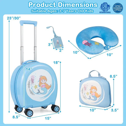 Kids Luggage Set with 14 Inches Carry - on Hardside Spinner Toddler Luggage and 10 Inches Backpack - Blue - Oasis Home Essentials