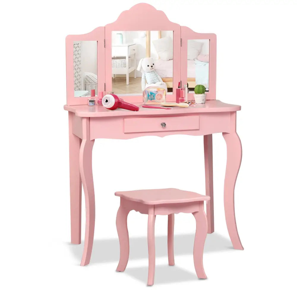 Kids Makeup Dressing Mirror Vanity Table Stool Set-Pink - Pink - Kids Vanities