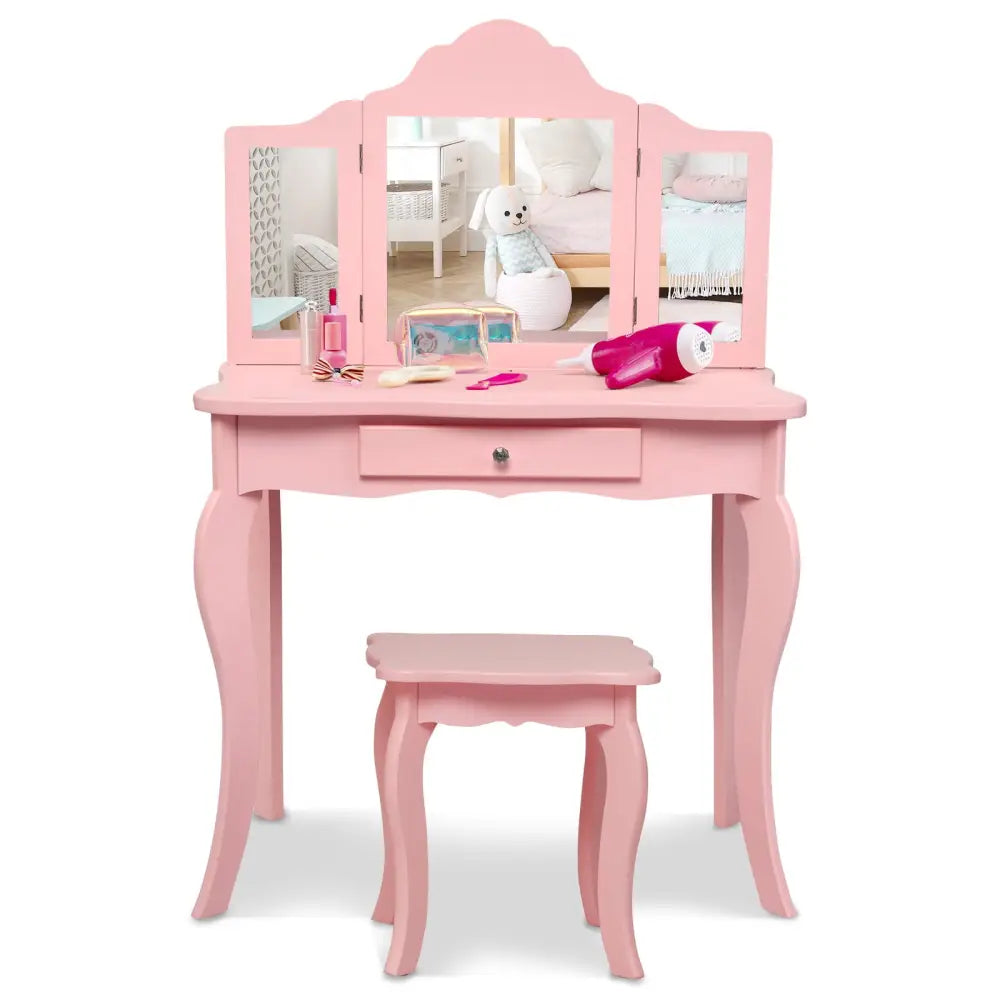 Kids Makeup Dressing Mirror Vanity Table Stool Set-Pink - Pink - Kids Vanities
