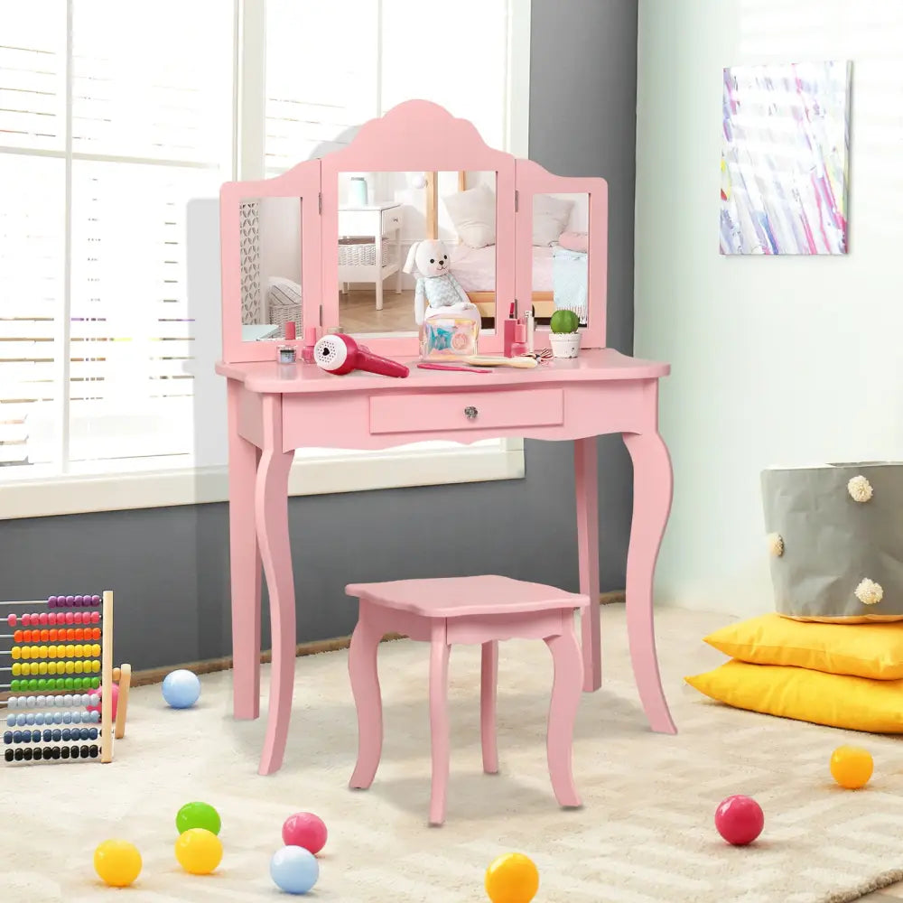 Kids Makeup Dressing Mirror Vanity Table Stool Set-Pink - Pink - Kids Vanities
