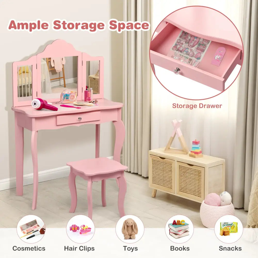 Kids Makeup Dressing Mirror Vanity Table Stool Set-Pink - Pink - Kids Vanities