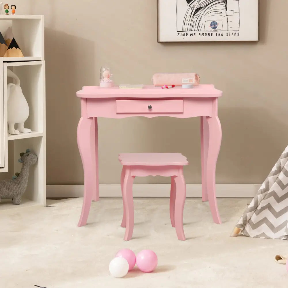 Kids Makeup Dressing Mirror Vanity Table Stool Set-Pink - Pink - Kids Vanities