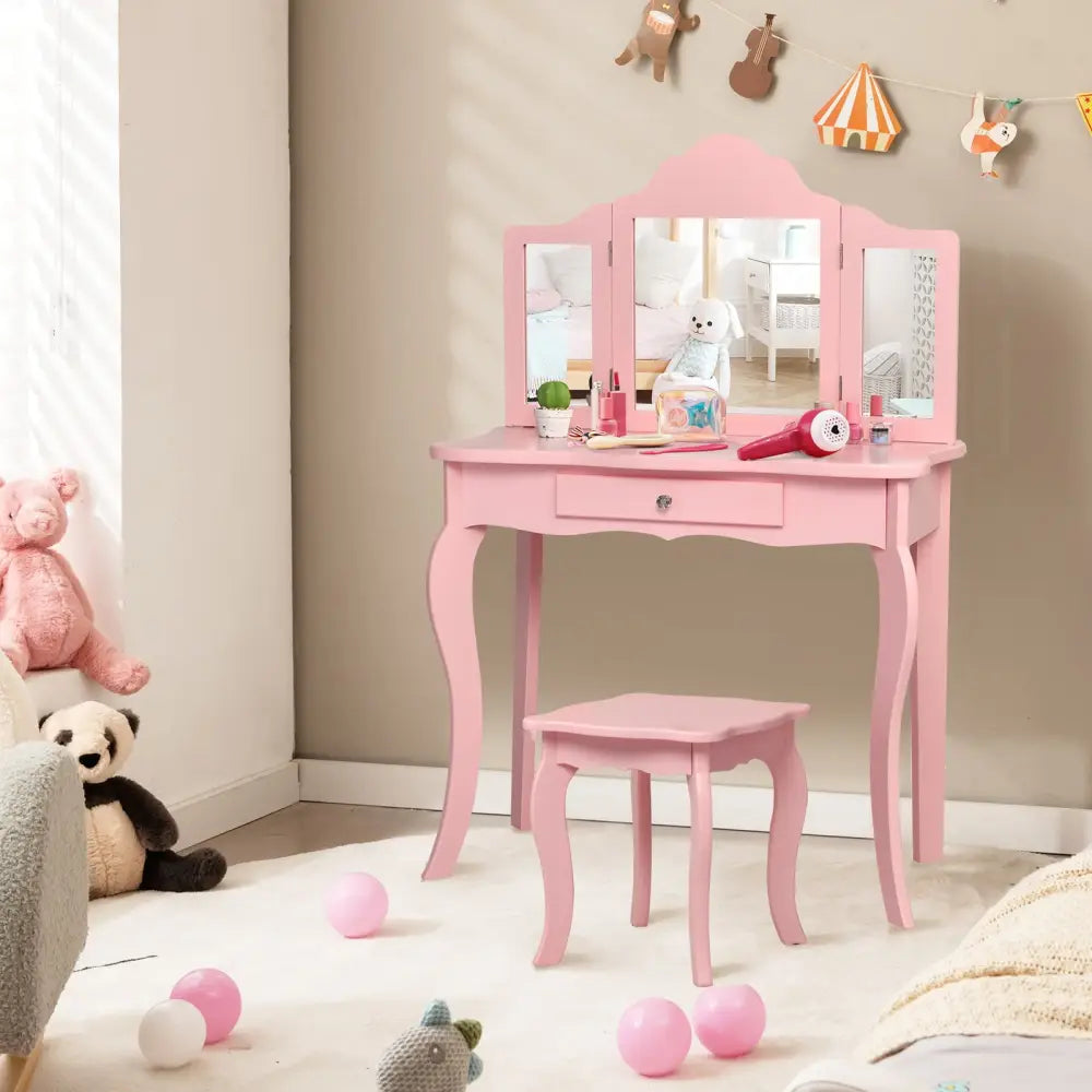 Kids Makeup Dressing Mirror Vanity Table Stool Set-Pink - Pink - Kids Vanities