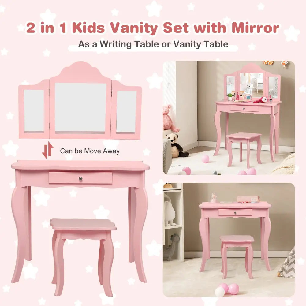 Kids Makeup Dressing Mirror Vanity Table Stool Set-Pink - Pink - Kids Vanities