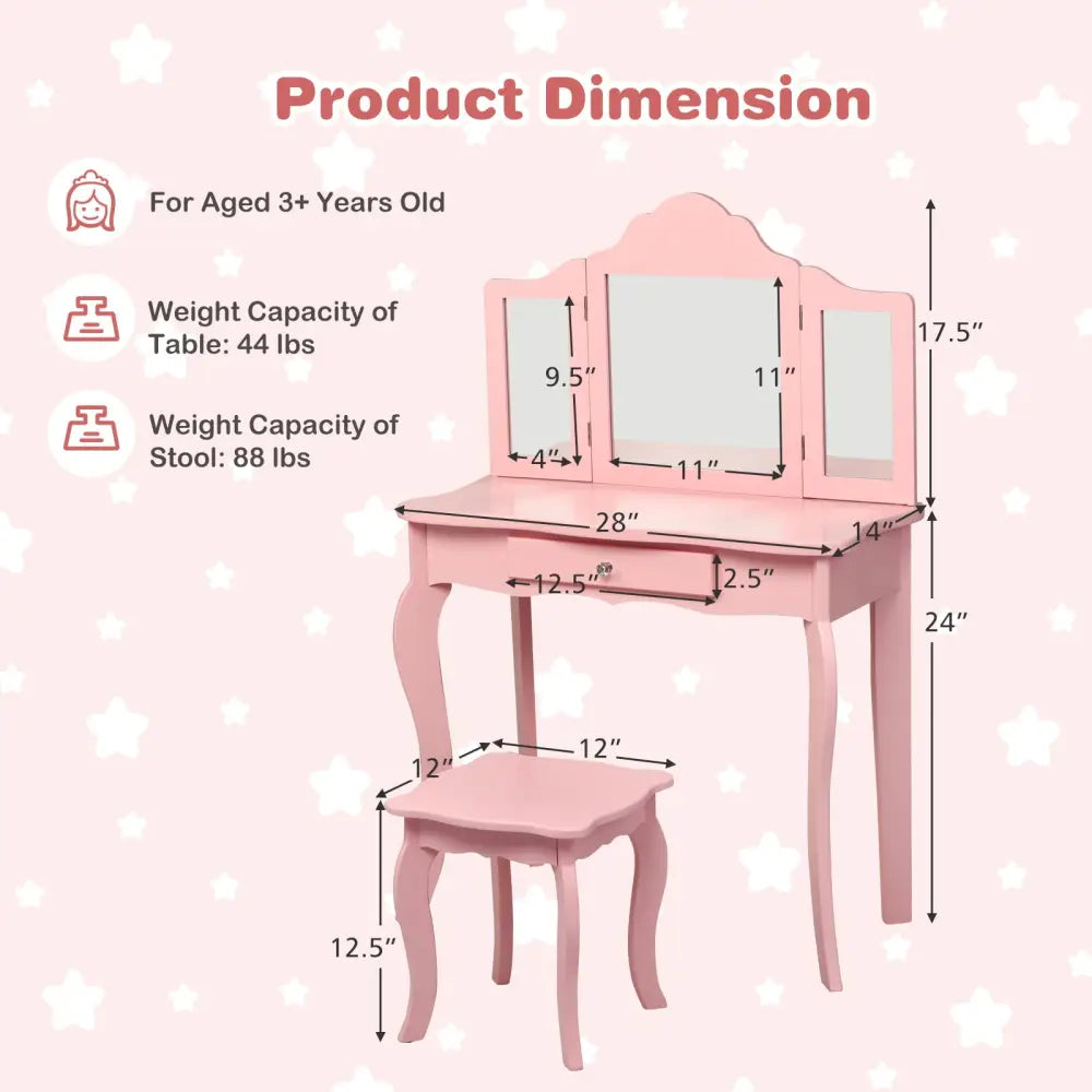Kids Makeup Dressing Mirror Vanity Table Stool Set-Pink - Pink - Kids Vanities