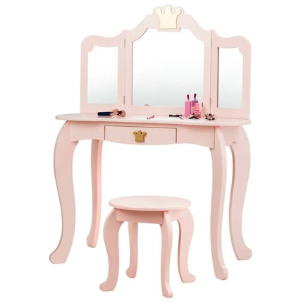 Kids Makeup Dressing Table with Tri-folding Mirror and Stool-Pink - Pink - Kids Vanities