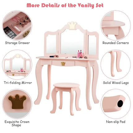 Kids Makeup Dressing Table with Tri-folding Mirror and Stool-Pink - Pink - Kids Vanities