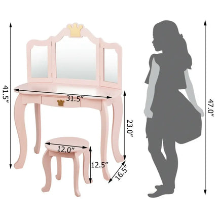 Kids Makeup Dressing Table with Tri-folding Mirror and Stool-Pink - Pink - Kids Vanities
