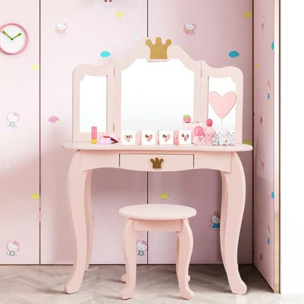 Kids Makeup Dressing Table with Tri-folding Mirror and Stool-Pink - Pink - Kids Vanities