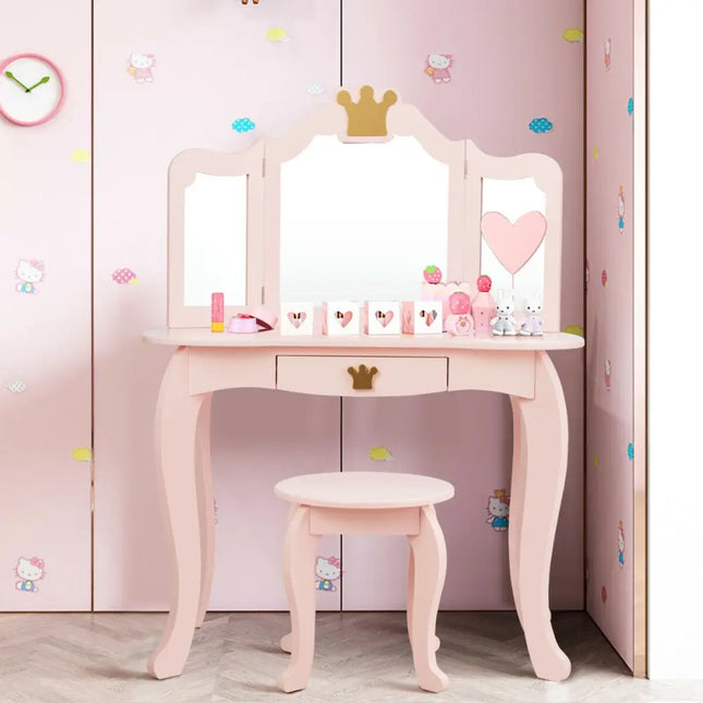 Kids Makeup Dressing Table with Tri-folding Mirror and Stool-Pink - Pink - Kids Vanities
