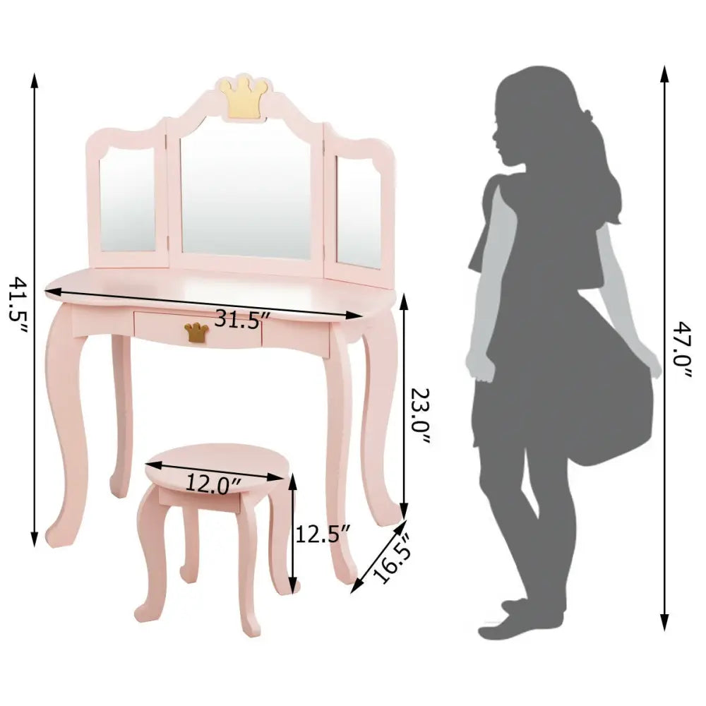 Kids Makeup Dressing Table with Tri-folding Mirror and Stool-Pink - Pink - Kids Vanities