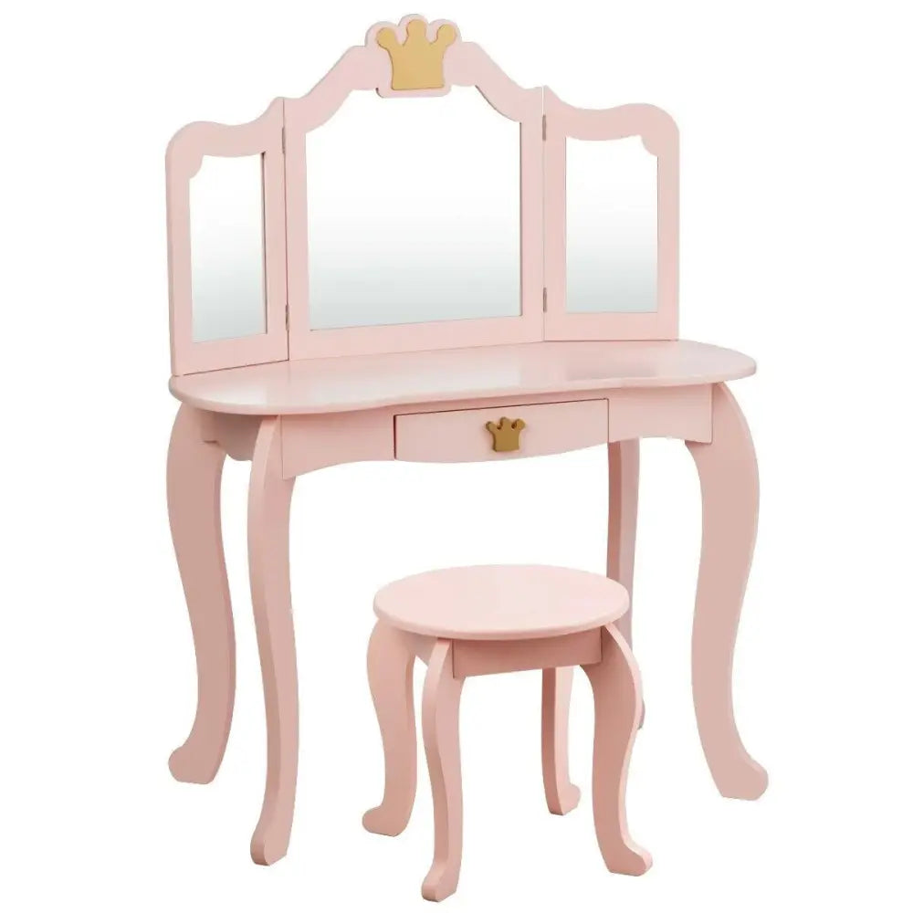Kids Makeup Dressing Table with Tri-folding Mirror and Stool-Pink - Pink - Kids Vanities