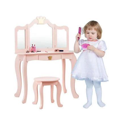Kids Makeup Dressing Table with Tri-folding Mirror and Stool-Pink - Pink - Kids Vanities