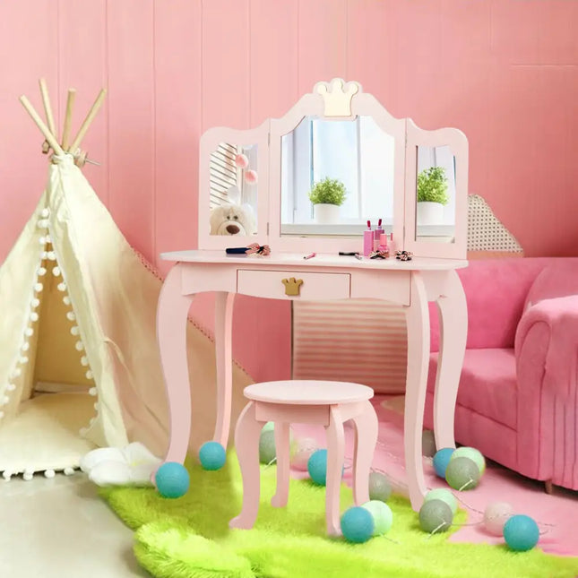 Kids Makeup Dressing Table with Tri-folding Mirror and Stool-Pink - Pink - Kids Vanities