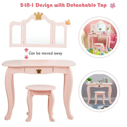 Kids Makeup Dressing Table with Tri-folding Mirror and Stool-Pink - Pink - Kids Vanities