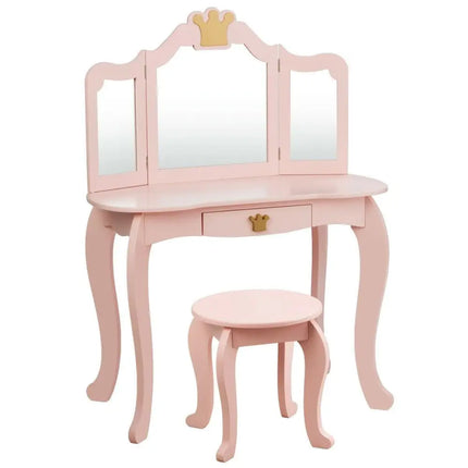 Kids Makeup Dressing Table with Tri-folding Mirror and Stool-Pink - Pink - Kids Vanities