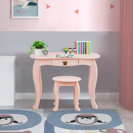 Kids Makeup Dressing Table with Tri-folding Mirror and Stool-Pink - Pink - Kids Vanities