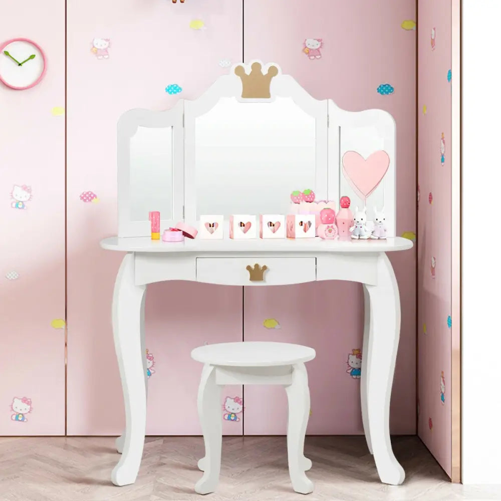 Kids Makeup Dressing Table with Tri-folding Mirror and Stool-White - White - Kids Vanities