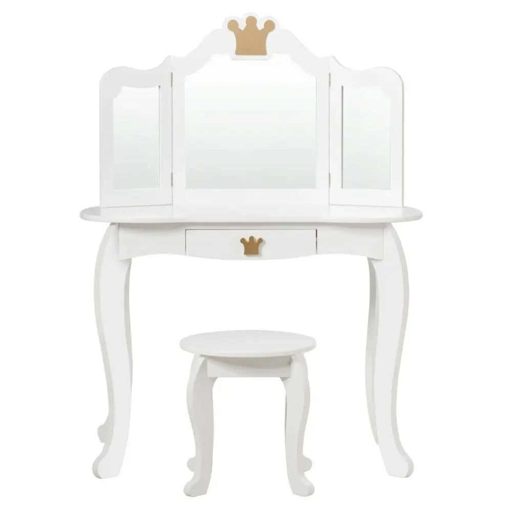 Kids Makeup Dressing Table with Tri-folding Mirror and Stool-White - White - Kids Vanities