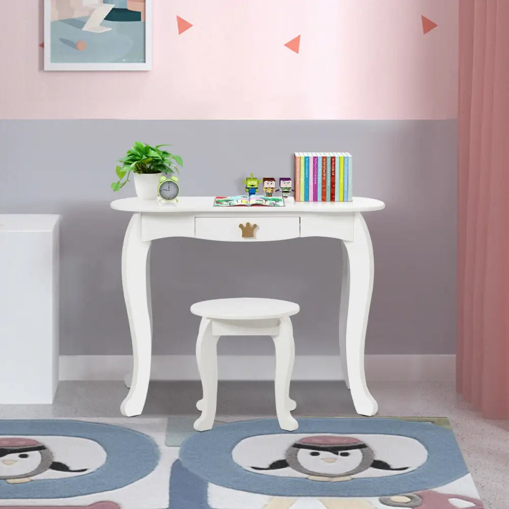 Kids Makeup Dressing Table with Tri-folding Mirror and Stool-White - White - Kids Vanities
