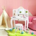 Kids Makeup Dressing Table with Tri-folding Mirror and Stool-White - White - Kids Vanities