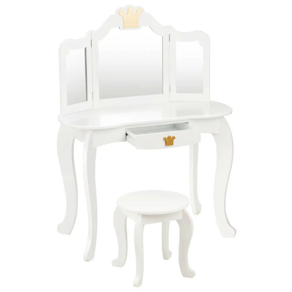 Kids Makeup Dressing Table with Tri-folding Mirror and Stool-White - White - Kids Vanities