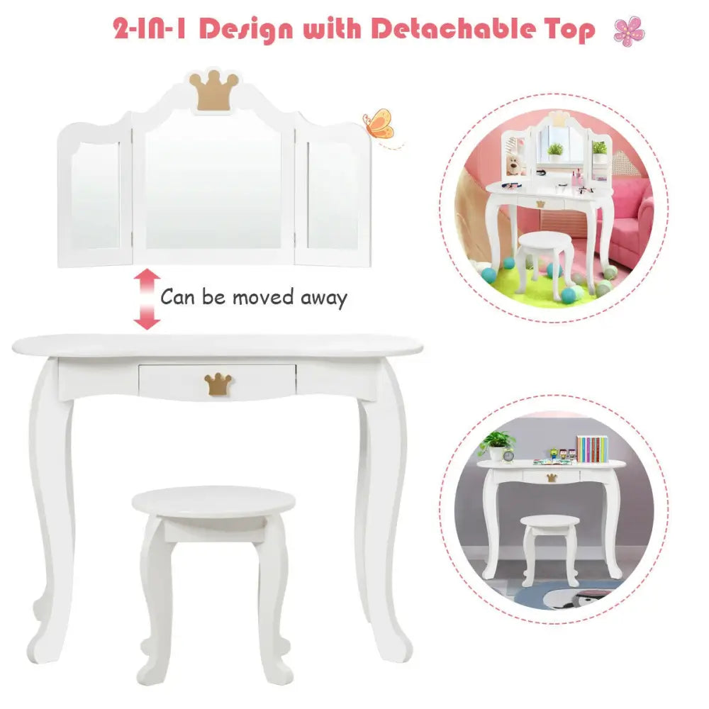 Kids Makeup Dressing Table with Tri-folding Mirror and Stool-White - White - Kids Vanities