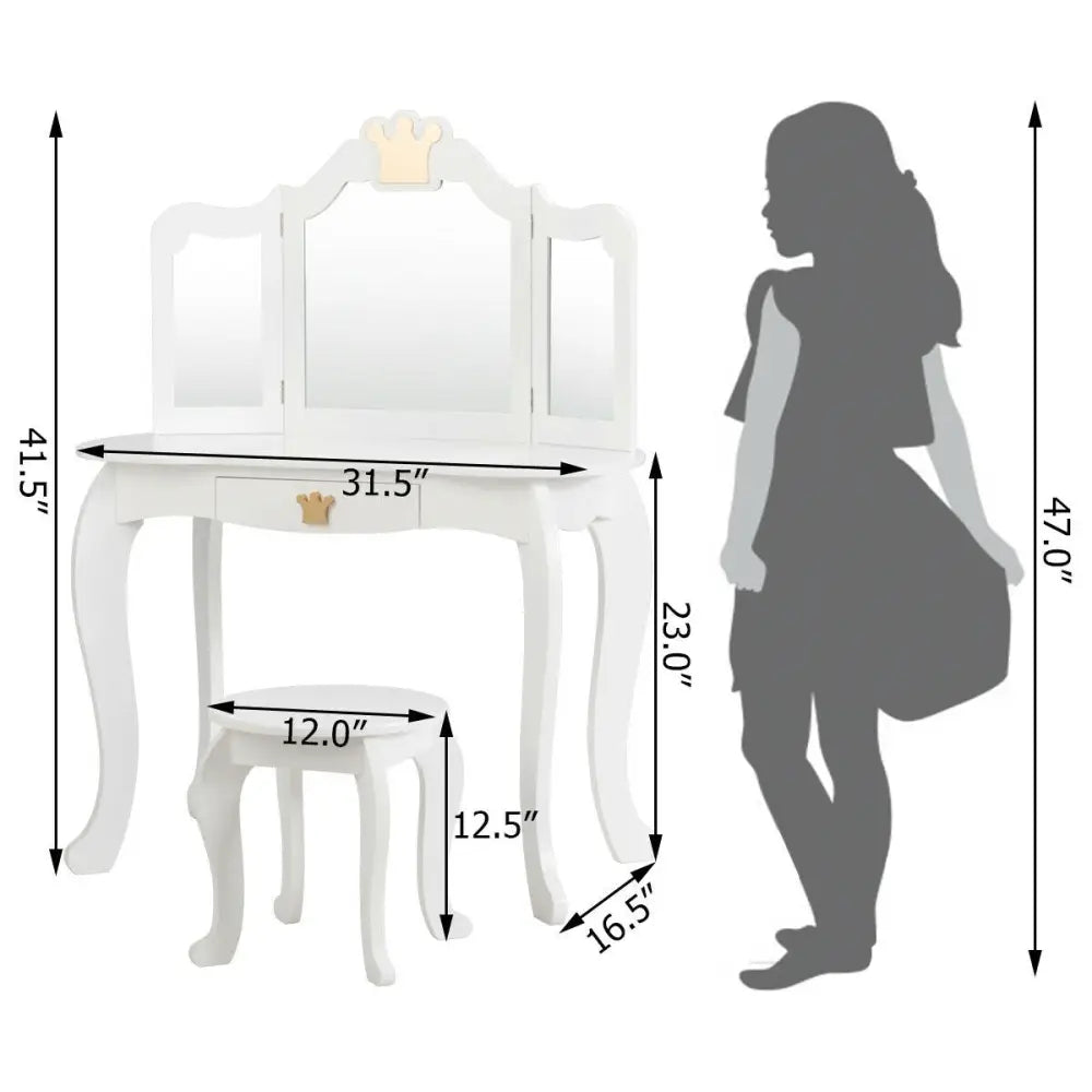 Kids Makeup Dressing Table with Tri-folding Mirror and Stool-White - White - Kids Vanities
