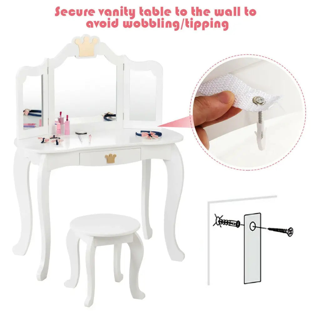 Kids Makeup Dressing Table with Tri-folding Mirror and Stool-White - White - Kids Vanities