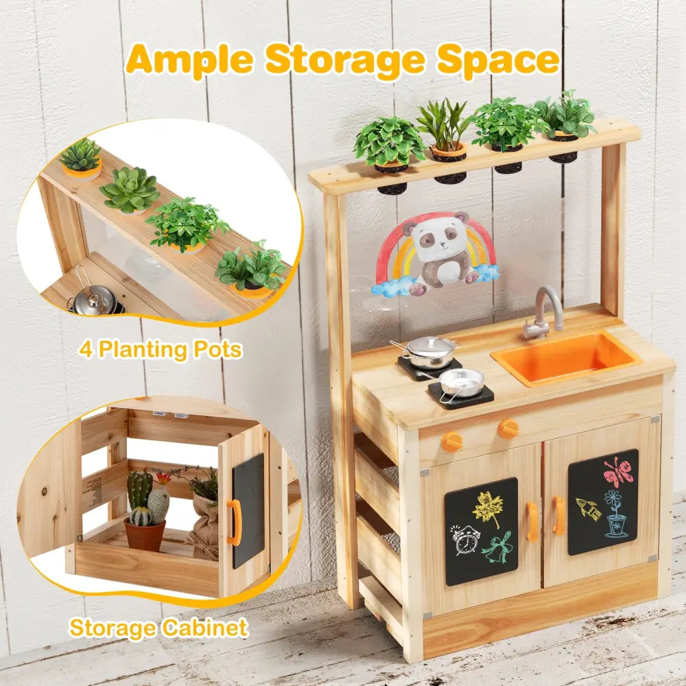 Kids Mud Kitchen Fir Wood Playset with Planting Pots and Blackboards-Natural - Natural - Play Kitchen Sets