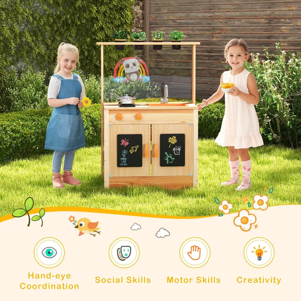 Kids Mud Kitchen Fir Wood Playset with Planting Pots and Blackboards-Natural - Natural - Play Kitchen Sets