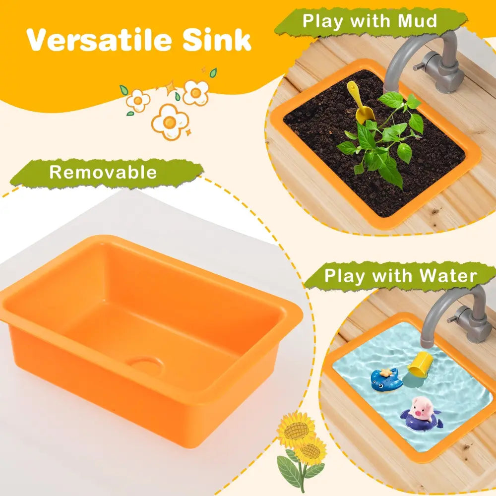 Kids Mud Kitchen Fir Wood Playset with Planting Pots and Blackboards-Natural - Natural - Play Kitchen Sets