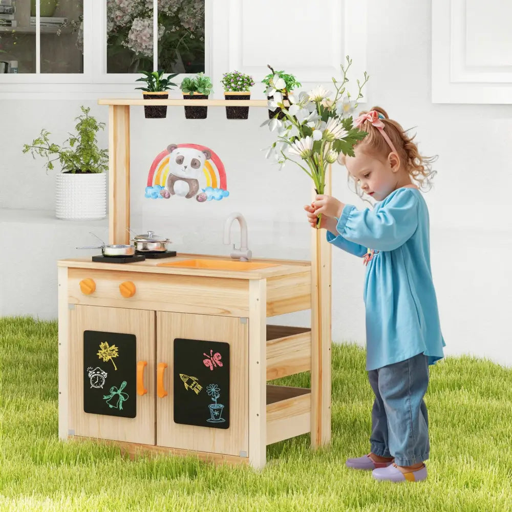 Kids Mud Kitchen Fir Wood Playset with Planting Pots and Blackboards-Natural - Natural - Play Kitchen Sets