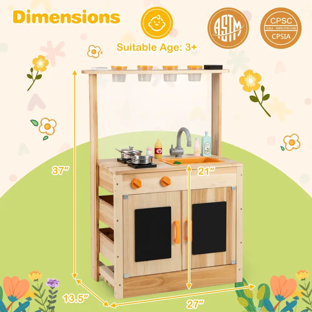 Kids Mud Kitchen Fir Wood Playset with Planting Pots and Blackboards-Natural - Natural - Play Kitchen Sets