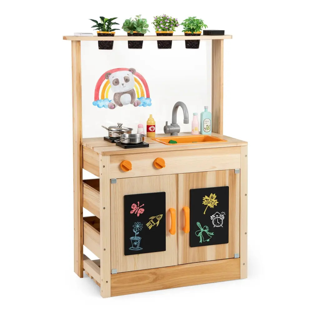 Kids Mud Kitchen Fir Wood Playset with Planting Pots and Blackboards-Natural - Natural - Play Kitchen Sets