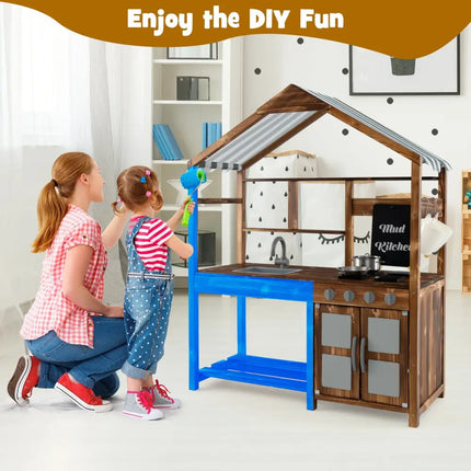 Kid’s Mud Kitchen Outdoor Solid Wood Mud Kitchen with Canopy-Natural - Natural - Play Kitchen Sets