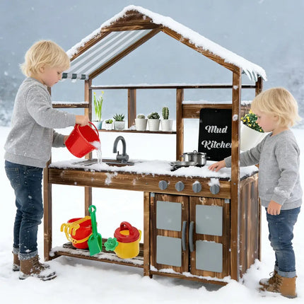 Kid’s Mud Kitchen Outdoor Solid Wood Mud Kitchen with Canopy-Natural - Natural - Play Kitchen Sets