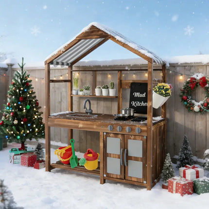 Kid’s Mud Kitchen Outdoor Solid Wood Mud Kitchen with Canopy-Natural - Natural - Play Kitchen Sets