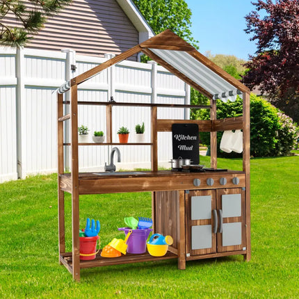 Kid’s Mud Kitchen Outdoor Solid Wood Mud Kitchen with Canopy-Natural - Natural - Play Kitchen Sets