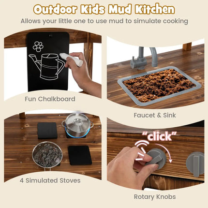 Kid’s Mud Kitchen Outdoor Solid Wood Mud Kitchen with Canopy-Natural - Natural - Play Kitchen Sets