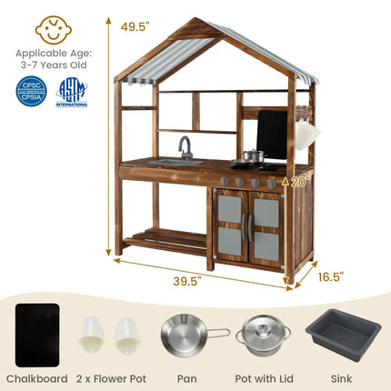Kid’s Mud Kitchen Outdoor Solid Wood Mud Kitchen with Canopy-Natural - Natural - Play Kitchen Sets