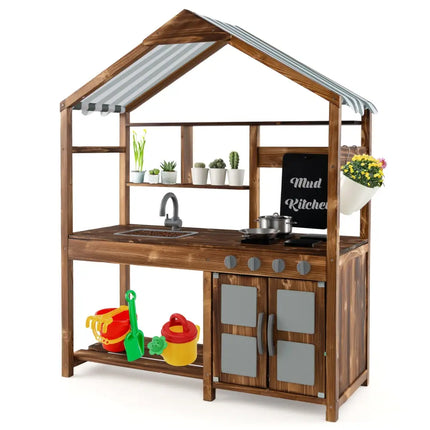 Kid’s Mud Kitchen Outdoor Solid Wood Mud Kitchen with Canopy-Natural - Natural - Play Kitchen Sets