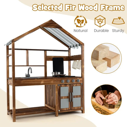 Kid’s Mud Kitchen Outdoor Solid Wood Mud Kitchen with Canopy-Natural - Natural - Play Kitchen Sets