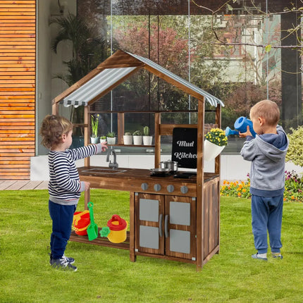 Kid’s Mud Kitchen Outdoor Solid Wood Mud Kitchen with Canopy-Natural - Natural - Play Kitchen Sets