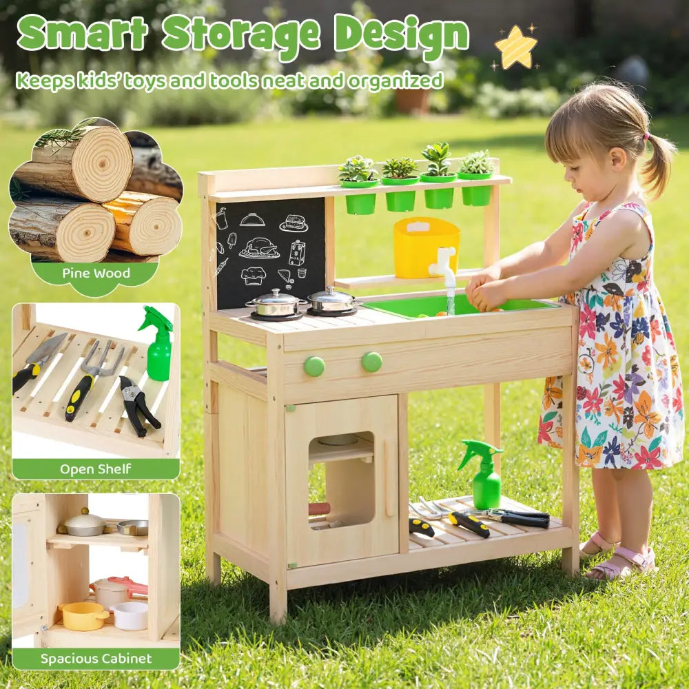 Kids Mud Kitchen Play Pretend Kitchen with Chalkboard for Kids Aged 3+ - Play Kitchen Sets