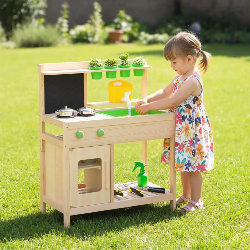 Kids Mud Kitchen Play Pretend Kitchen with Chalkboard for Kids Aged 3+ - Play Kitchen Sets