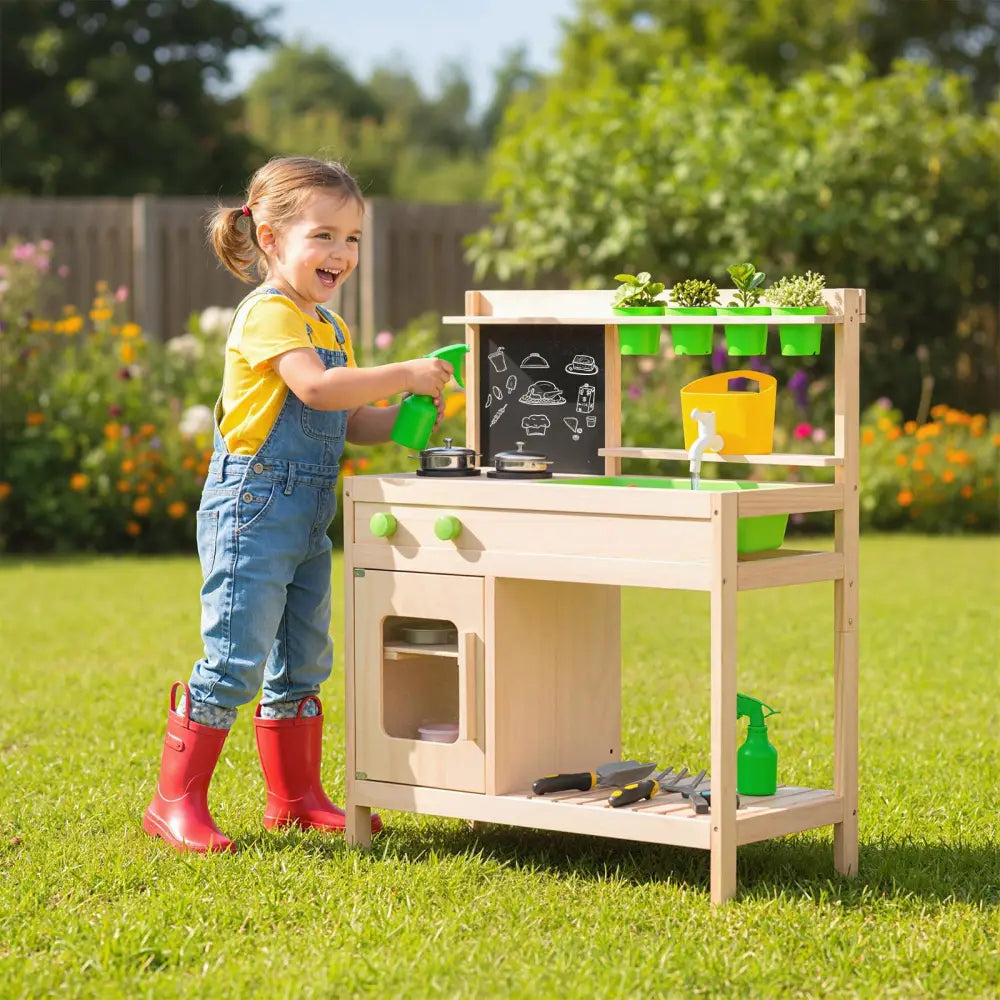 Kids Mud Kitchen Play Pretend Kitchen with Chalkboard for Kids Aged 3+ - Play Kitchen Sets