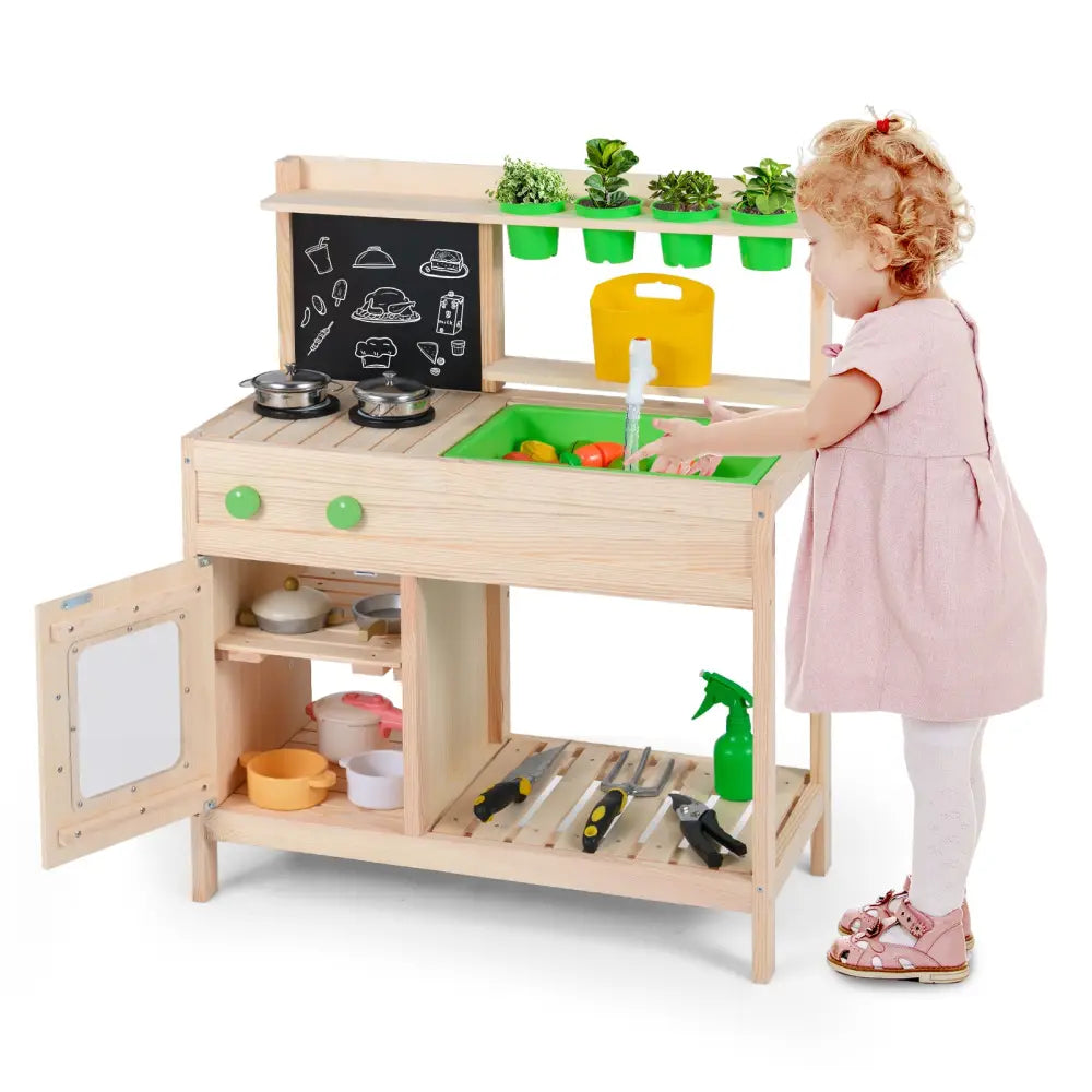 Kids Mud Kitchen Play Pretend Kitchen with Chalkboard for Kids Aged 3+ - Play Kitchen Sets